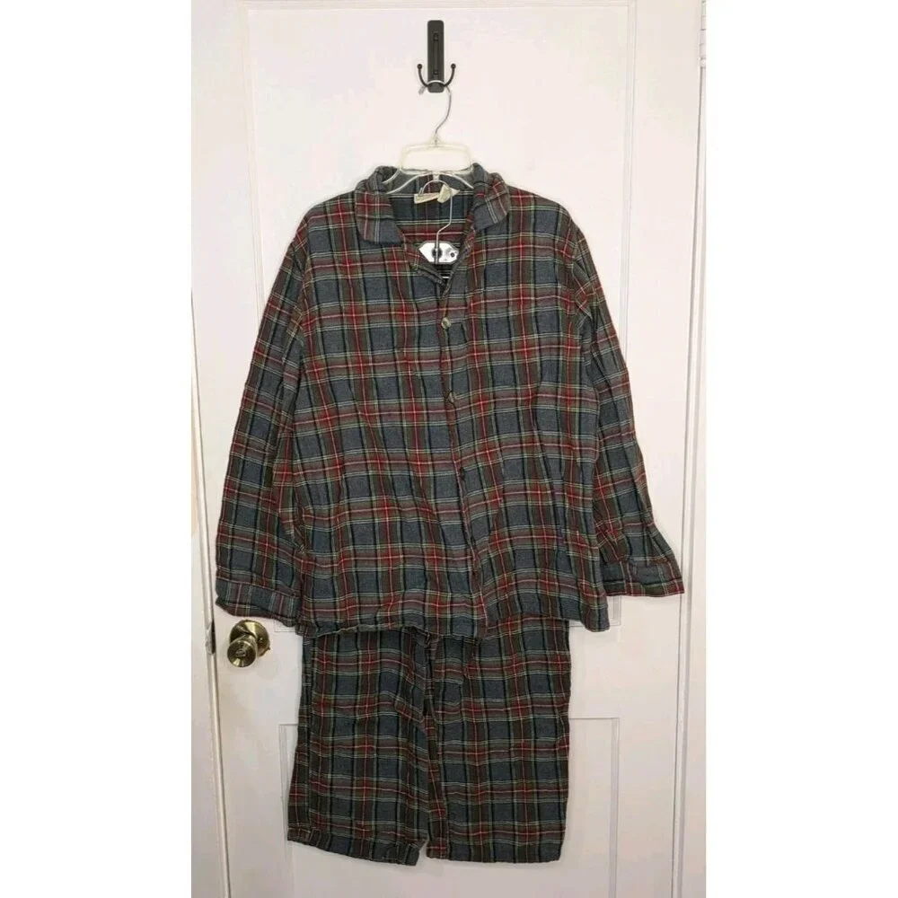 L.L. Bean Men's Large Scotch Plaid Flannel Pajama Set Gray Red Preppy Classic